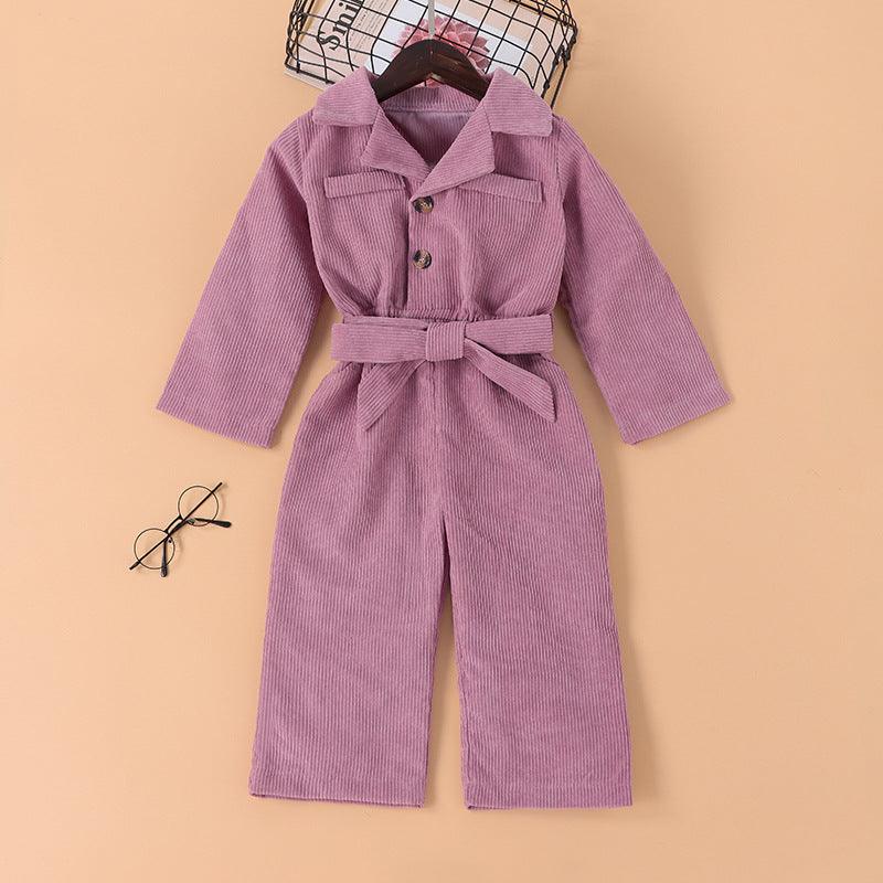 Toddler Kids Girls Solid Cotton Lapel Pocket Jumpsuit - PrettyKid