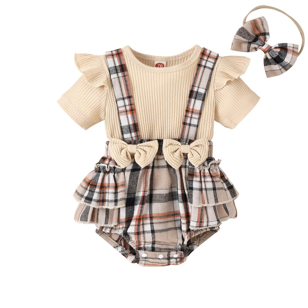 Baby Check Skirt Bow Short Sleeve Bodysuit - PrettyKid