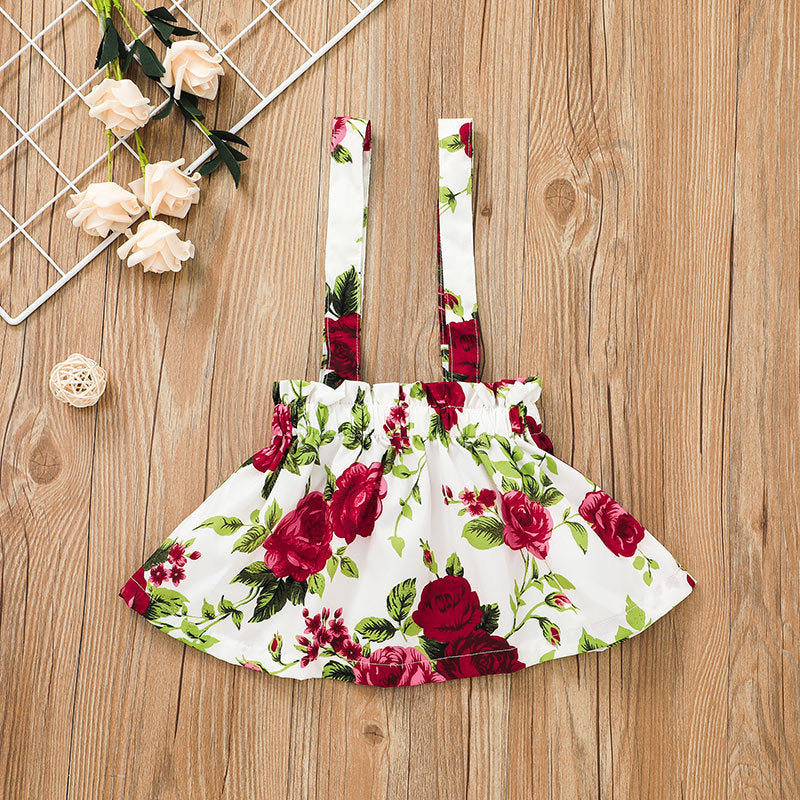 Baby Girls Solid Color One-piece Printed Suspender Skirt Set - PrettyKid