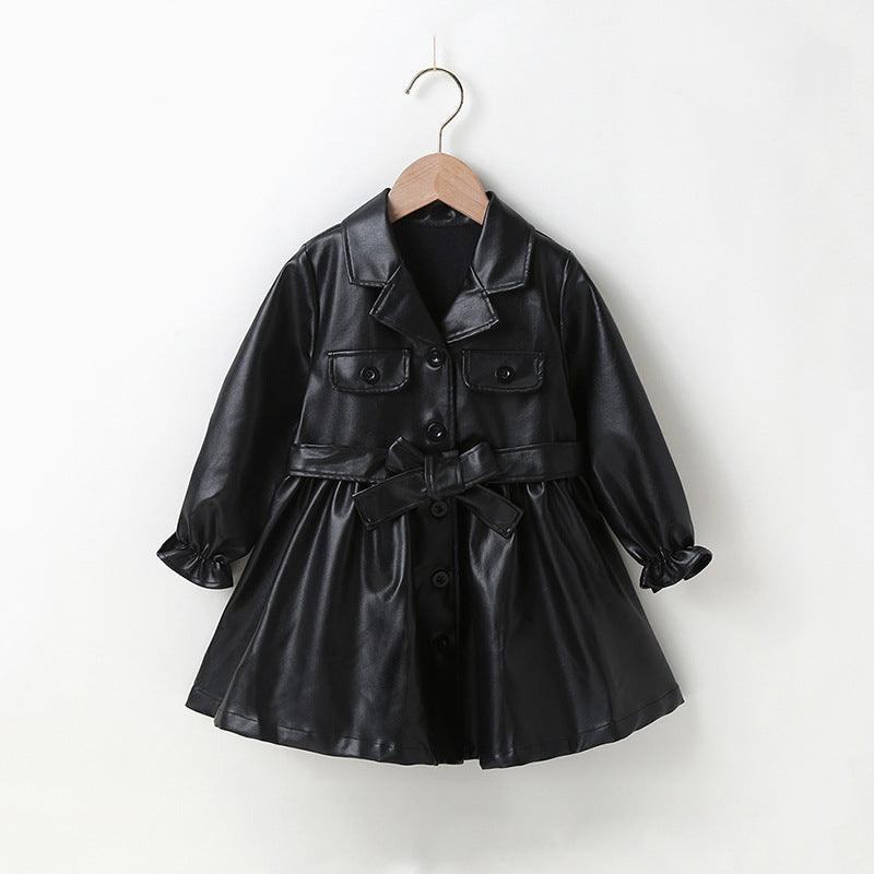 Girls' Solid Color Lapel Single Breasted Leather Coat - PrettyKid