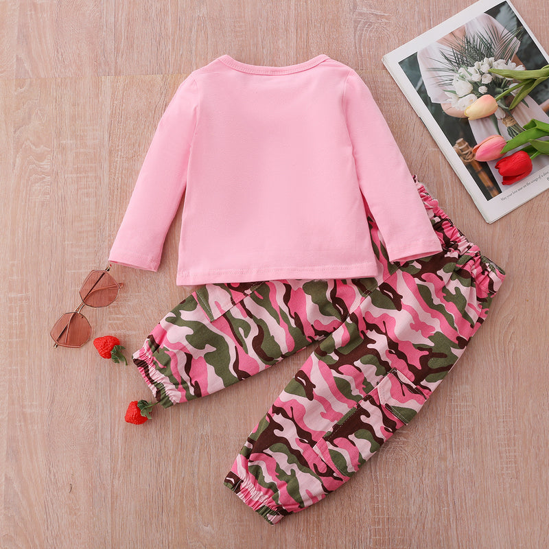 Toddler Girls Solid Color Round Neck Long Sleeve T-shirt Camouflage Pants Set - PrettyKid