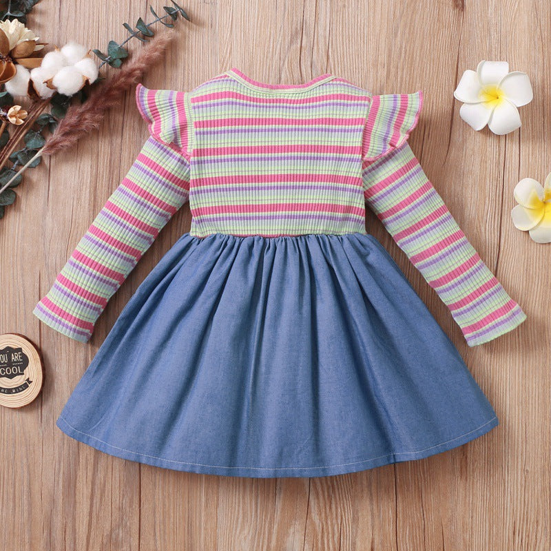 Toddler Kids Girls Color Striped Denim Stitched Long Sleeve Dress - PrettyKid