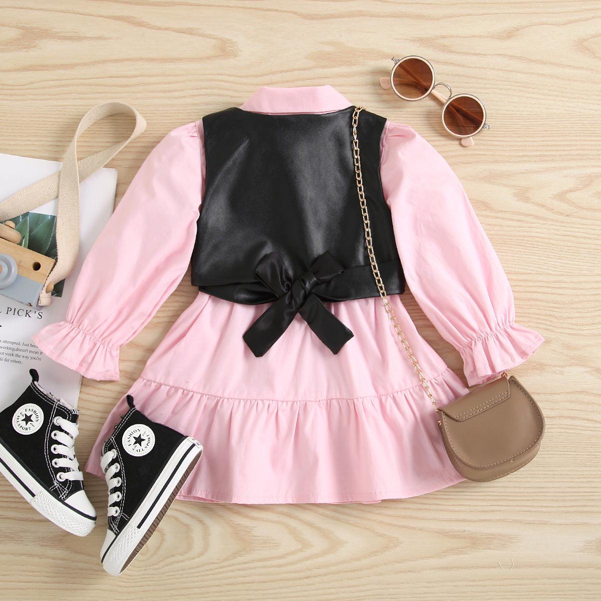 Toddler Kids Girls Pink Shirt Dress PU Leather Vest Suit - PrettyKid