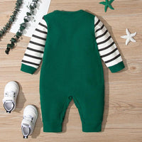 Baby Boys Green Striped Frog Long Sleeve Jumpsuit - PrettyKid