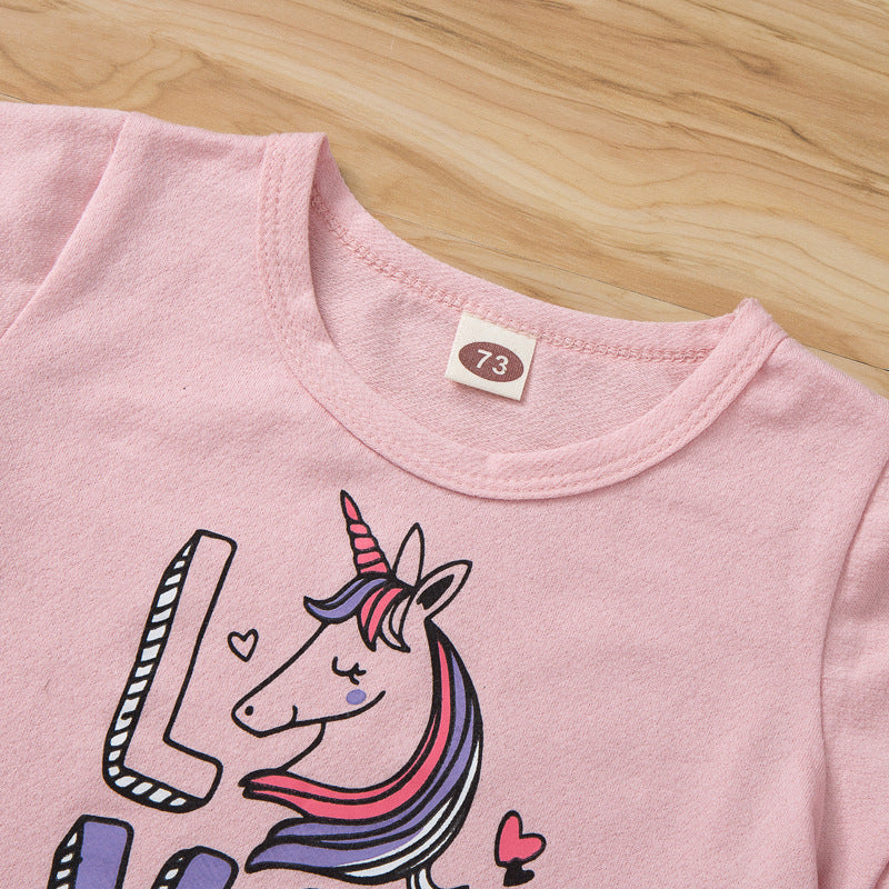 Toddler Girls Solid Letter Unicorn Print Short Sleeve T-shirt Denim Shorts Set - PrettyKid