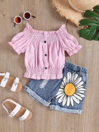 Slotted Collar Hole Flower Denim Short Girls Suit