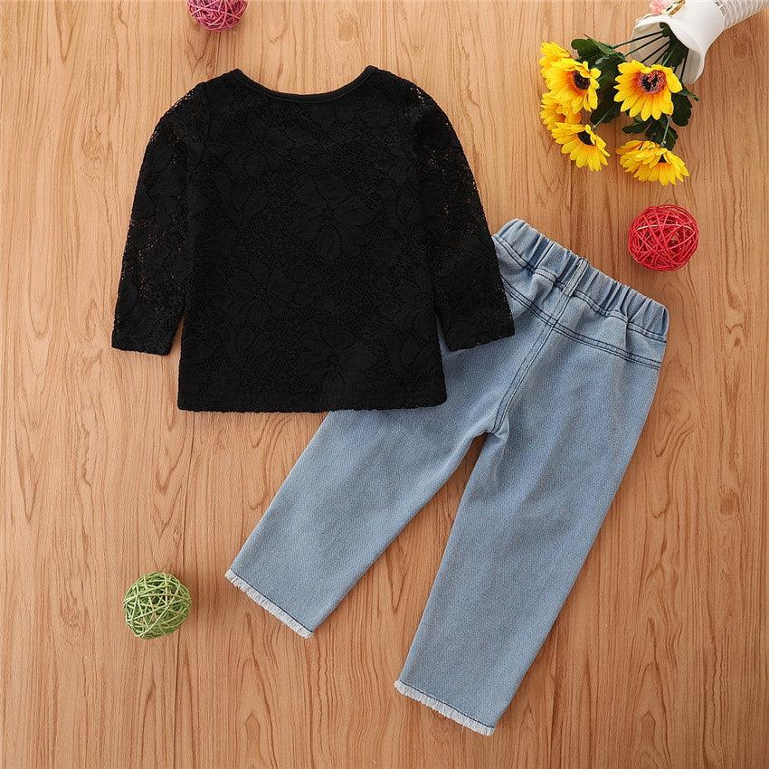 Girls Black Long Sleeved Lace Top Jeans Two Piece Set Children's Apparel Wholesale - PrettyKid