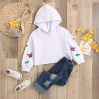 Toddler Kids Girls Long Sleeve Printed Hoodie with Holes Jeans Pants Set - PrettyKid