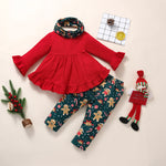 Girls' Solid Color Long Sleeved Shirt Printed Trousers Christmas Suit - PrettyKid