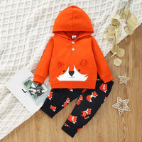 Toddler Boys Girls Solid Color Cartoon Print Hooded Long Sleeved Sweatshirt Set - PrettyKid