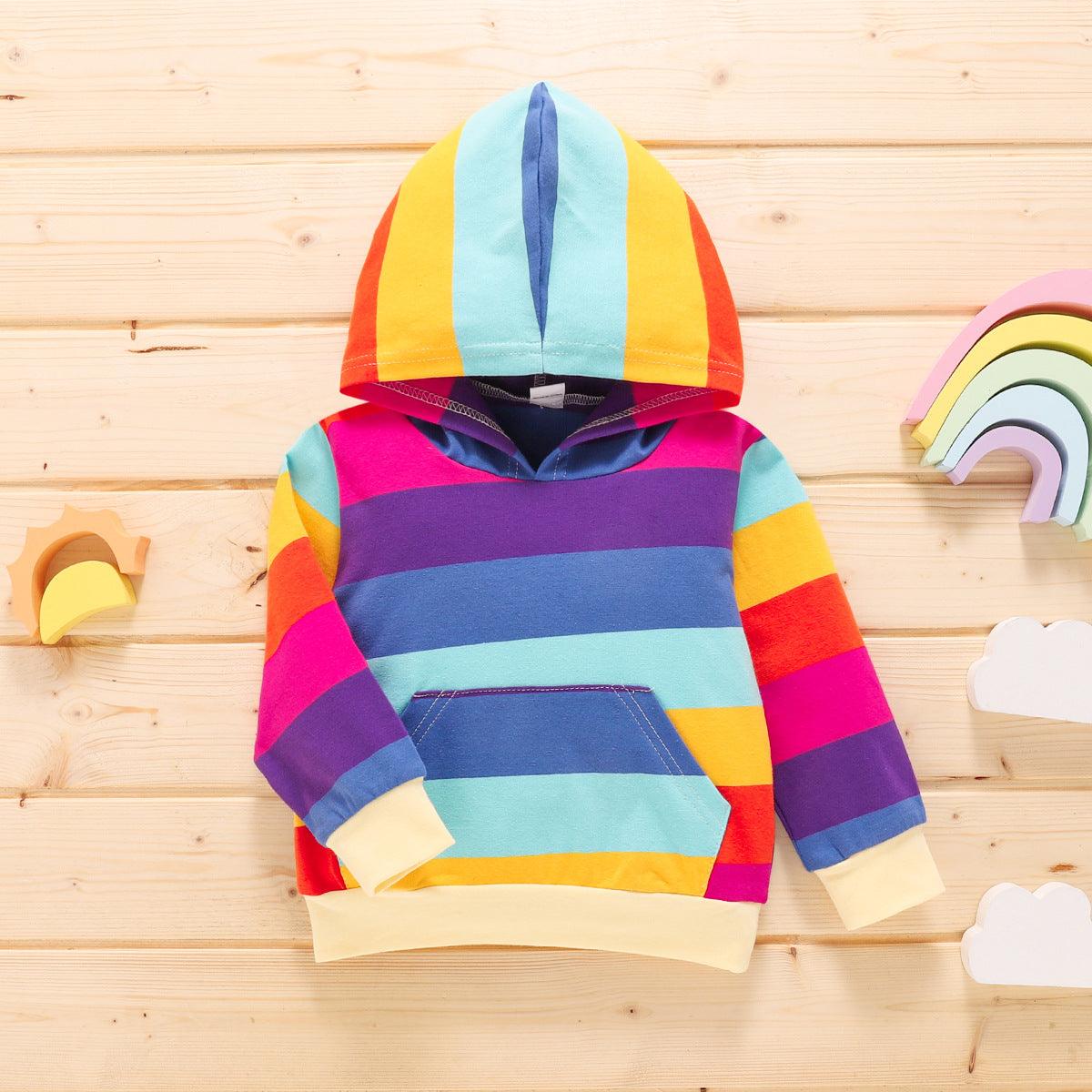 Toddler Kids Children's Rainbow Printed Long Sleeve Hooded Top - PrettyKid