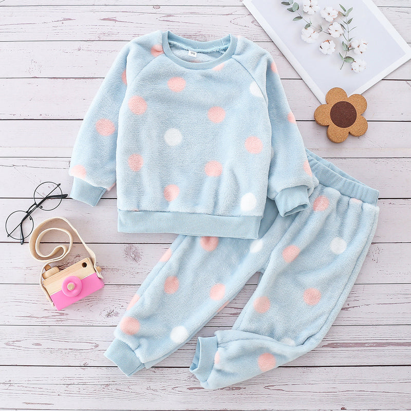 Autumn and Winter Flannel Girls' Fur Warm Suit, Small Children's Lovely Dot Household Clothes, Two Piece Suit - PrettyKid