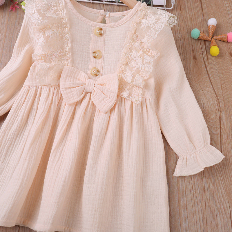Toddler Kids Girls Solid Lace Bow Long Sleeve Dress - PrettyKid