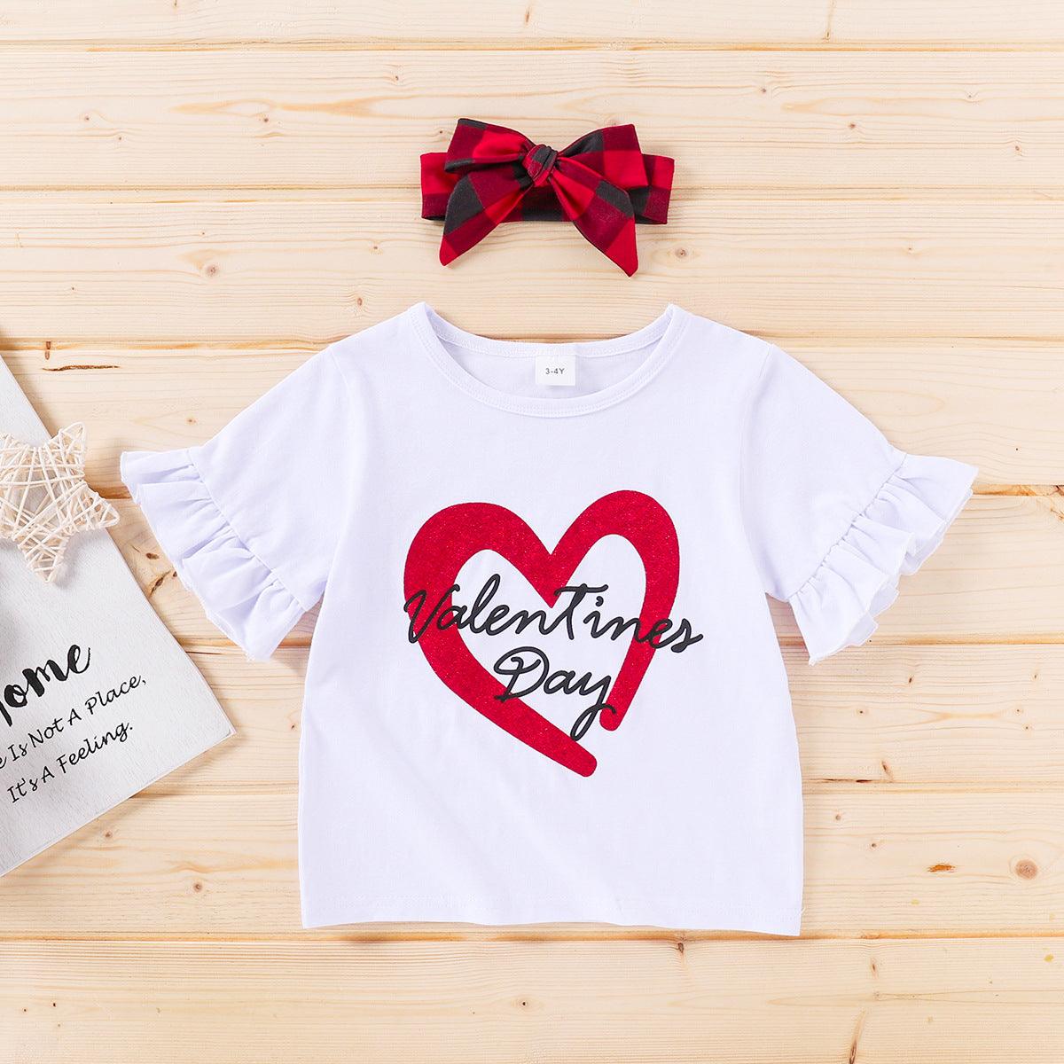 Toddler Kids Girls Solid Color Love Letters Short-sleeved Top Plaid Print Straps Skirt Set - PrettyKid