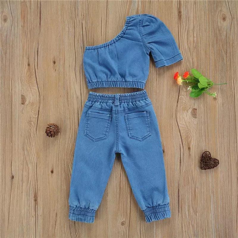 Toddler Kids Girl's One Shoulder Short Sleeve Top with Holes Denim Pants Denim Suit - PrettyKid