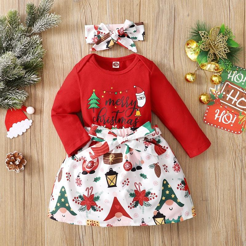 Baby Girls Christmas Printed Long Sleeved Jumpsuit Short Skirt Scarf Set - PrettyKid