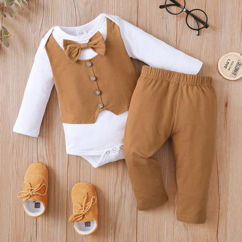 Baby Boys Solid Colour Fake Two Piece Long Sleeve Jumpsuit Pants Gentleman's Set - PrettyKid