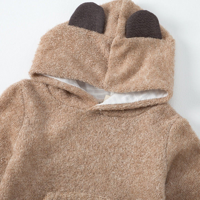 Children's Solid Cartoon Bear Plush Long Sleeve Hoodie Set - PrettyKid