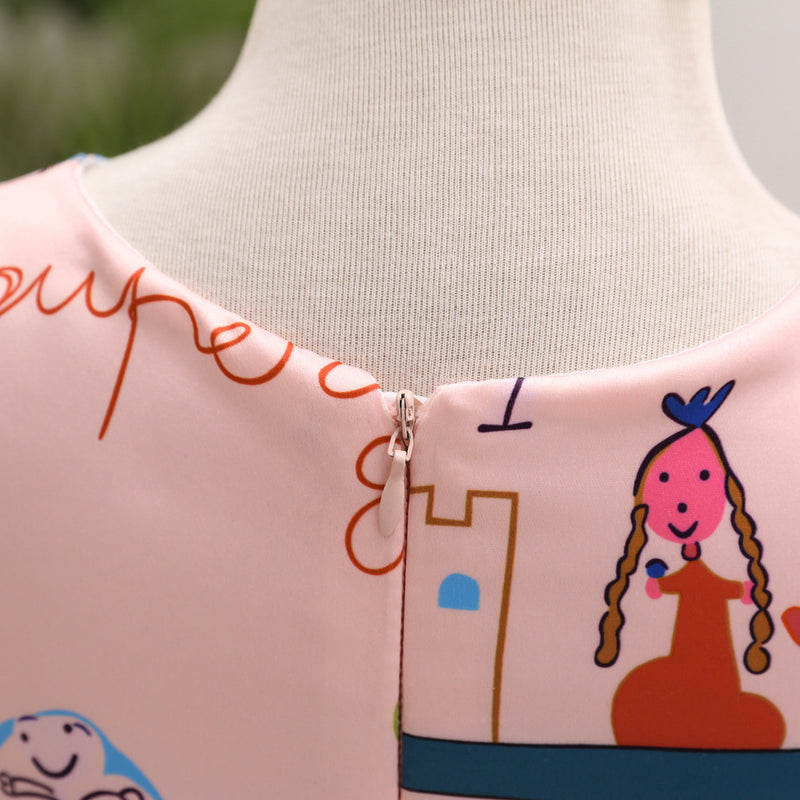 Toddler Kids Girl Solid Cartoon Print Short Sleeve Crew Neck Dress - PrettyKid