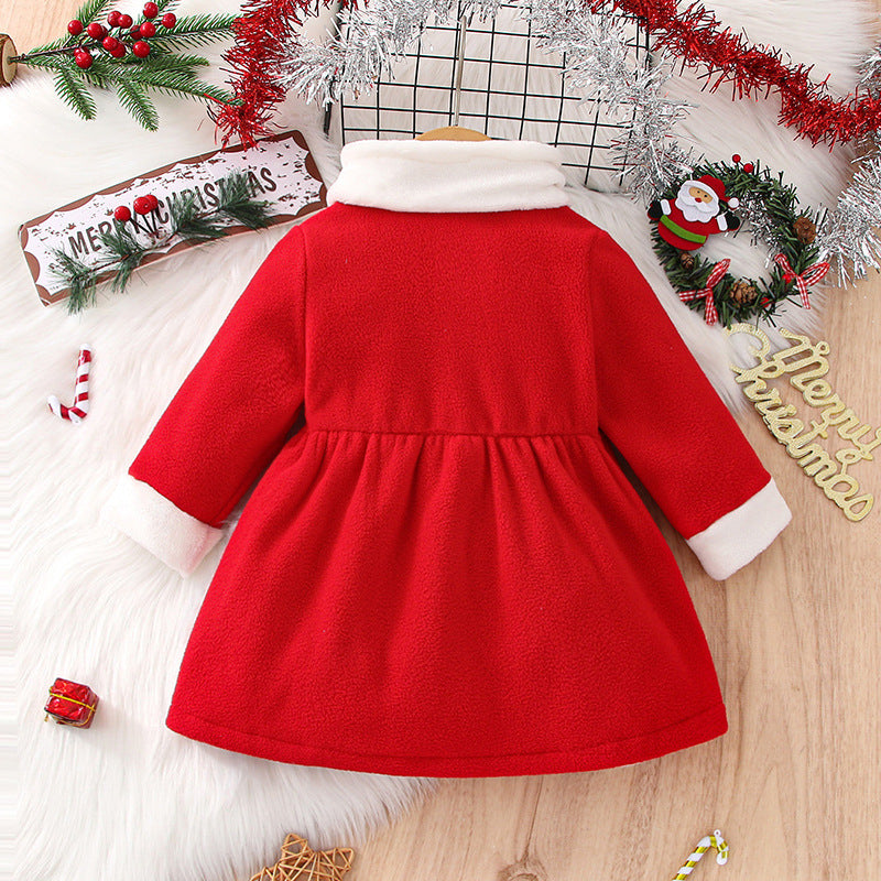 Baby Girls Winter Christmas New Year Wood Ear Collar Red Dress Furry Scarf 2PCS - PrettyKid