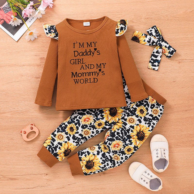 Toddler Kids Girls Solid Letter Long Sleeve Top Flower Print Pants Set - PrettyKid