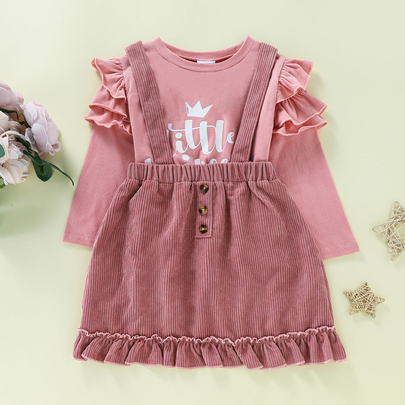Toddler Kids Girl Solid Color Letter Print Long-sleeved Top Corduroy Straps Straps Skirt Set - PrettyKid