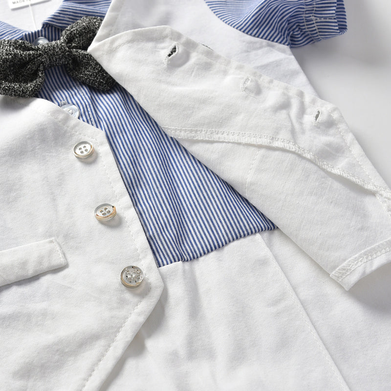 Baby Boys' Solid Color Fake Two-piece Waistcoat Bow Tie Gentleman's Short Sleeve Jumpsuit - PrettyKid