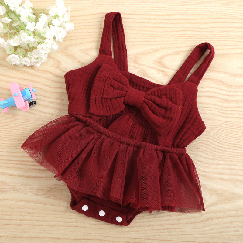 Baby Girls Solid Color Bow Suspender Mesh One-piece Clothes Ha Clothes - PrettyKid