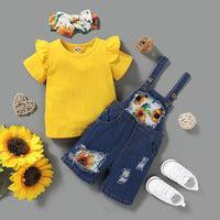 Toddler Kids Girls Solid Color Short Sleeve Top Sunflower Print Suspender Pierced Jeans Set - PrettyKid