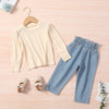Toddler Kids Solid Color Long Sleeve Round Neck Top Denim Pants Two Piece Set - PrettyKid