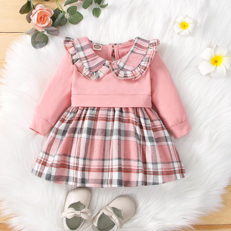 Toddler Girl Pink Plaid Print Long Sleeve Dress - PrettyKid