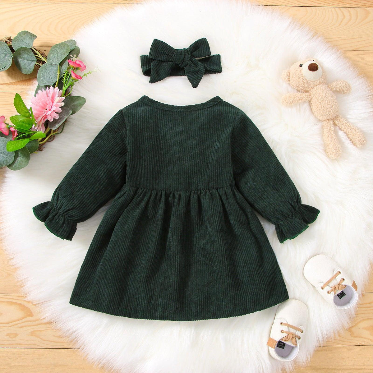 Toddler Kids Girls Solid Color Long Sleeve Button Dress Hairband Two Piece Set - PrettyKid