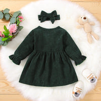 Toddler Kids Girls Solid Color Long Sleeve Button Dress Hairband Two Piece Set - PrettyKid