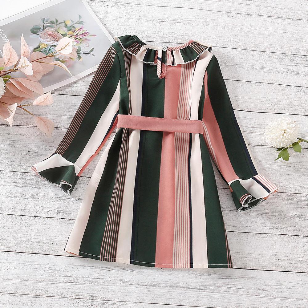 Toddler Kids Girls' Striped Bow Lace Collar Long-sleeved Dress - PrettyKid