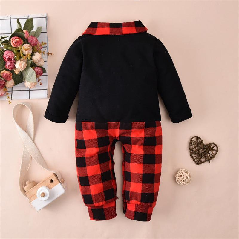 Baby Boys Plaid Stitching Solid Color Long-sleeved Small Gentleman Jumpsuit - PrettyKid