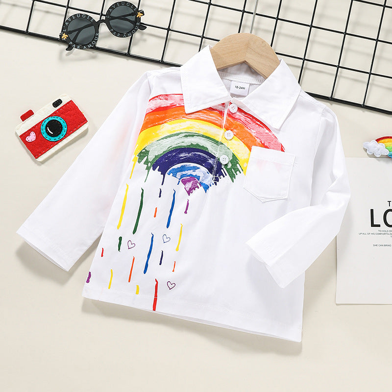 Toddler Kids Boys' Long Sleeved Thin Section Lapel Button Rainbow Print Shirt - PrettyKid
