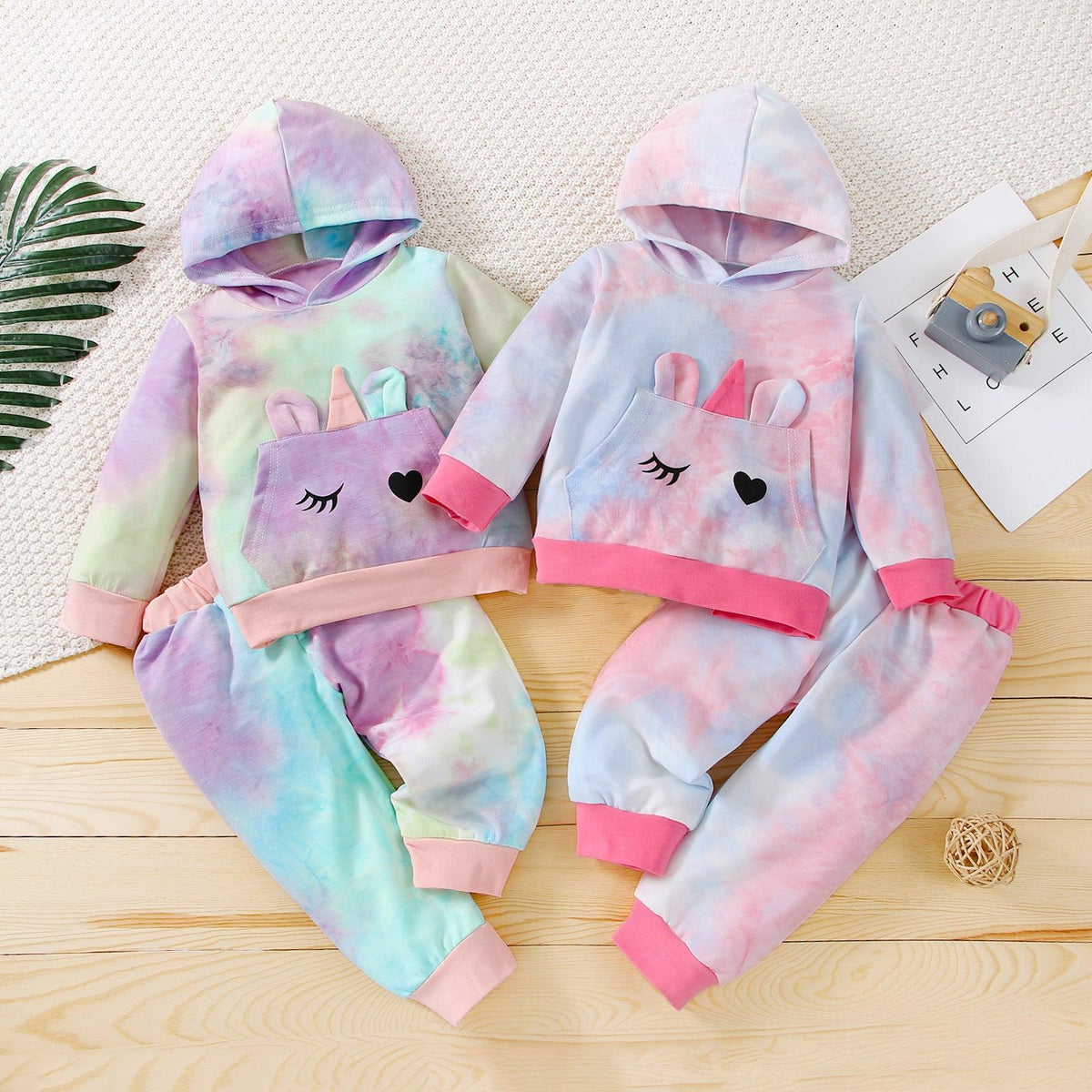 Toddler Girls Cute Cartoon Tie-dye Long-sleeved Hooded Two-piece Suit - PrettyKid