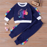 Toddler Kids Girls Solid Color Cartoon Rainbow Unicorn Embroidery Long Sleeve Set - PrettyKid