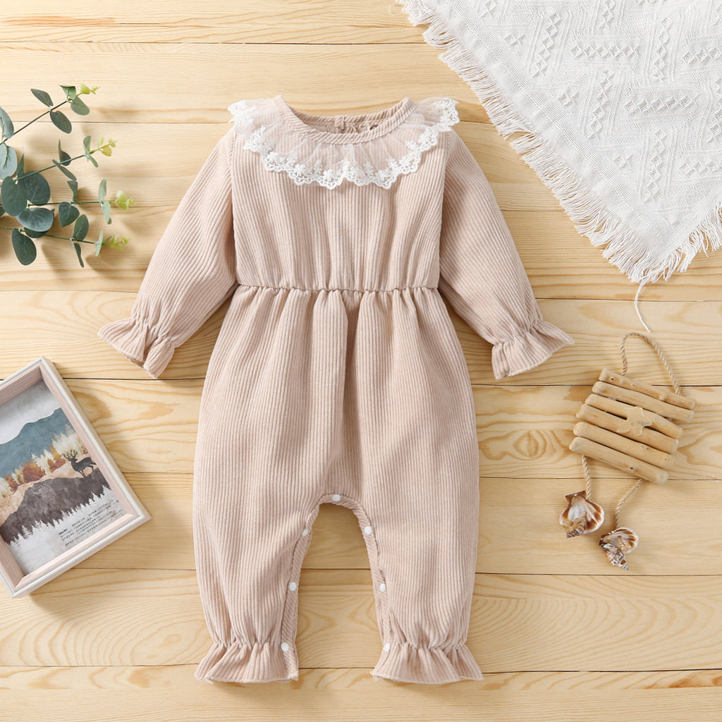 Baby Girls Corduroy Lace Neckline Solid Color Long-sleeved Jumpsuit - PrettyKid