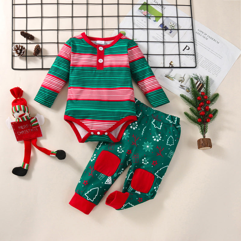 Baby Boys Long Sleeved Striped Jumpsuit Christmas Printed Pants Set - PrettyKid