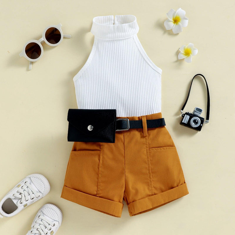 Girls' Neck Hole Top, Shorts, Waist Bag, Three-piece Suit