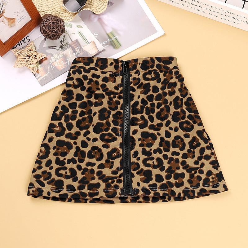 Toddler Kids Girls Solid Color Long Sleeve Top Leopard Print Skirt Set - PrettyKid
