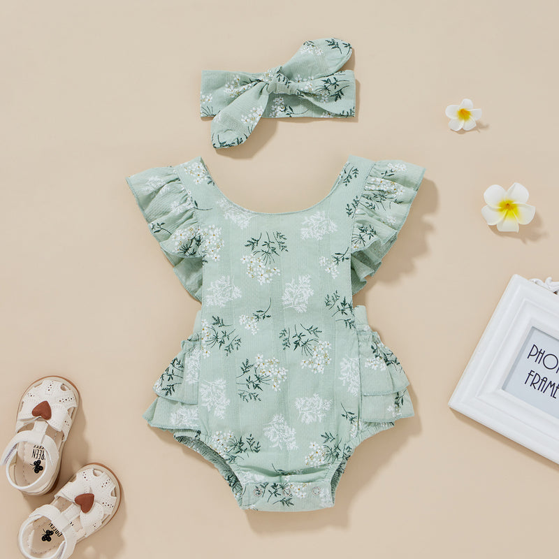 Baby Girls Solid Cotton Floral Print Fly Sleeveless Bodysuit Butterfly Tie Set - PrettyKid