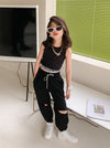Girls Cropped Sleeveless Letter Print Tank Tops Ripped Pants Summer Suit - PrettyKid