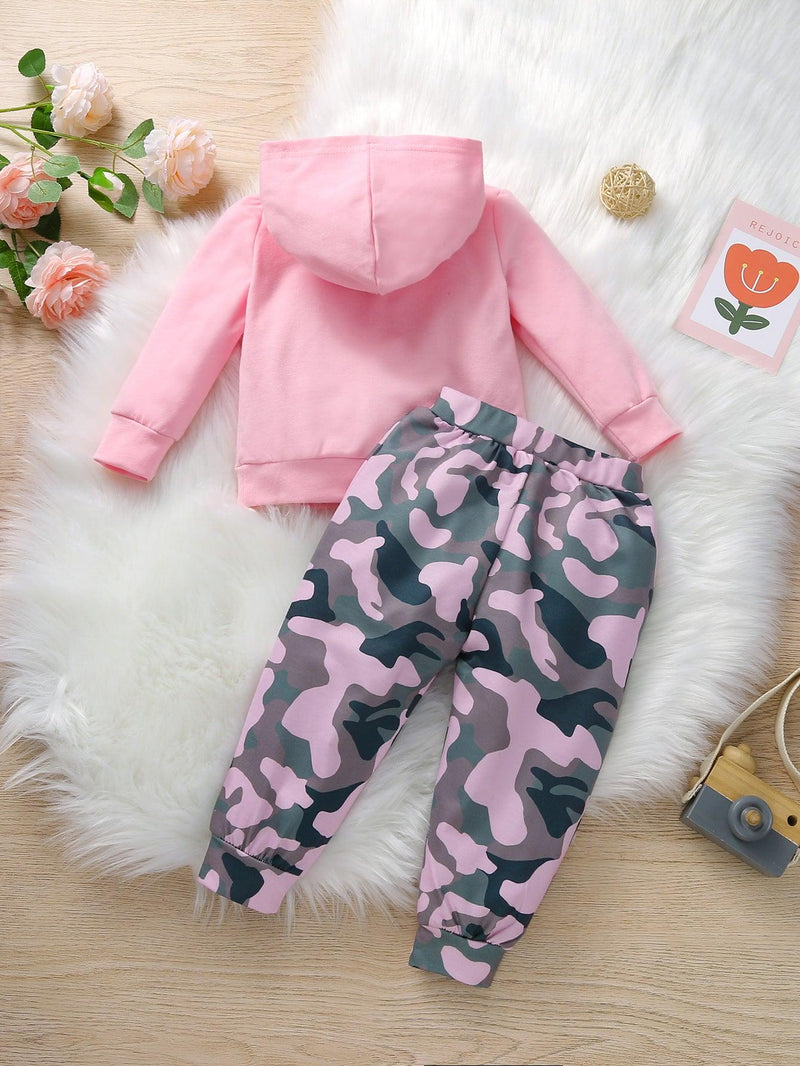 Toddler Girls Long Sleeve Pink Letter Print Camouflage Long Sleeve Hoodie Suit - PrettyKid