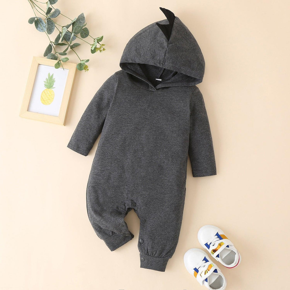 Autumn Winter Baby Solid Color Dinosaur Hooded Long Sleeve Jumpsuit - PrettyKid