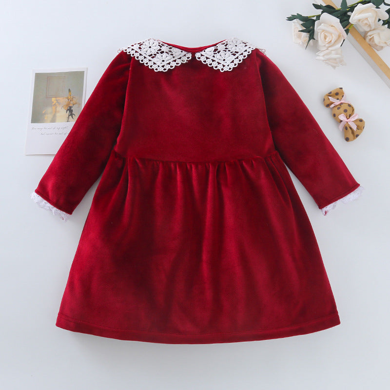 Girls Red Suede Doll Collar Lace Splicing Dress - PrettyKid