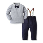 Toddler Kids Boys Solid Color Lapel Knitted Long Sleeved Top with Back Strap, Tibetan Blue Trousers, Gentleman Suit - PrettyKid