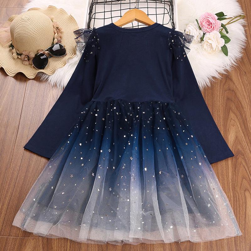 Toddler Kids Girls Gradient Star Mesh Long Sleeve Dress - PrettyKid