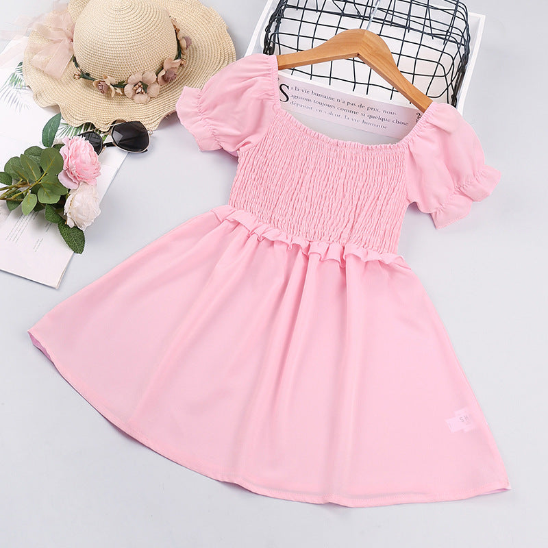 Toddler Kids Girls Summer Solid Color Generous Collar Pleated Smocked Lace Short Sleeved Dress - PrettyKid